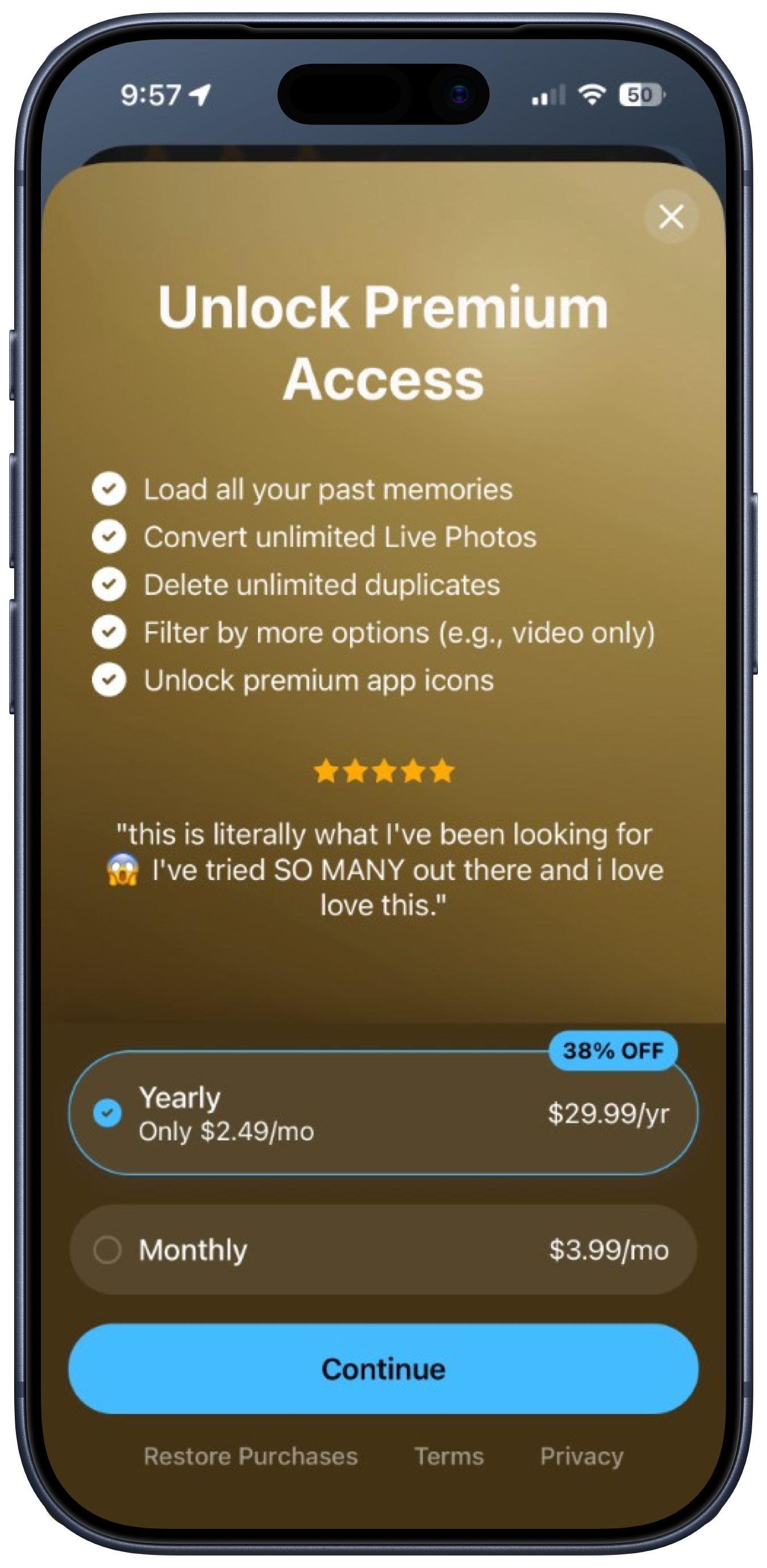 This Day Premium unlock screen listing included features